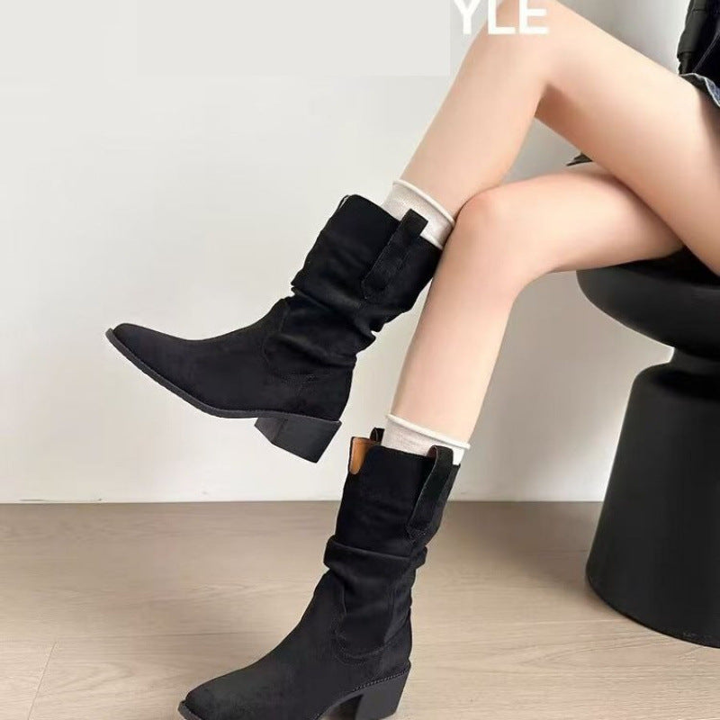 Botines plisados de piel de vaca para mujer, estilo occidental de otoño