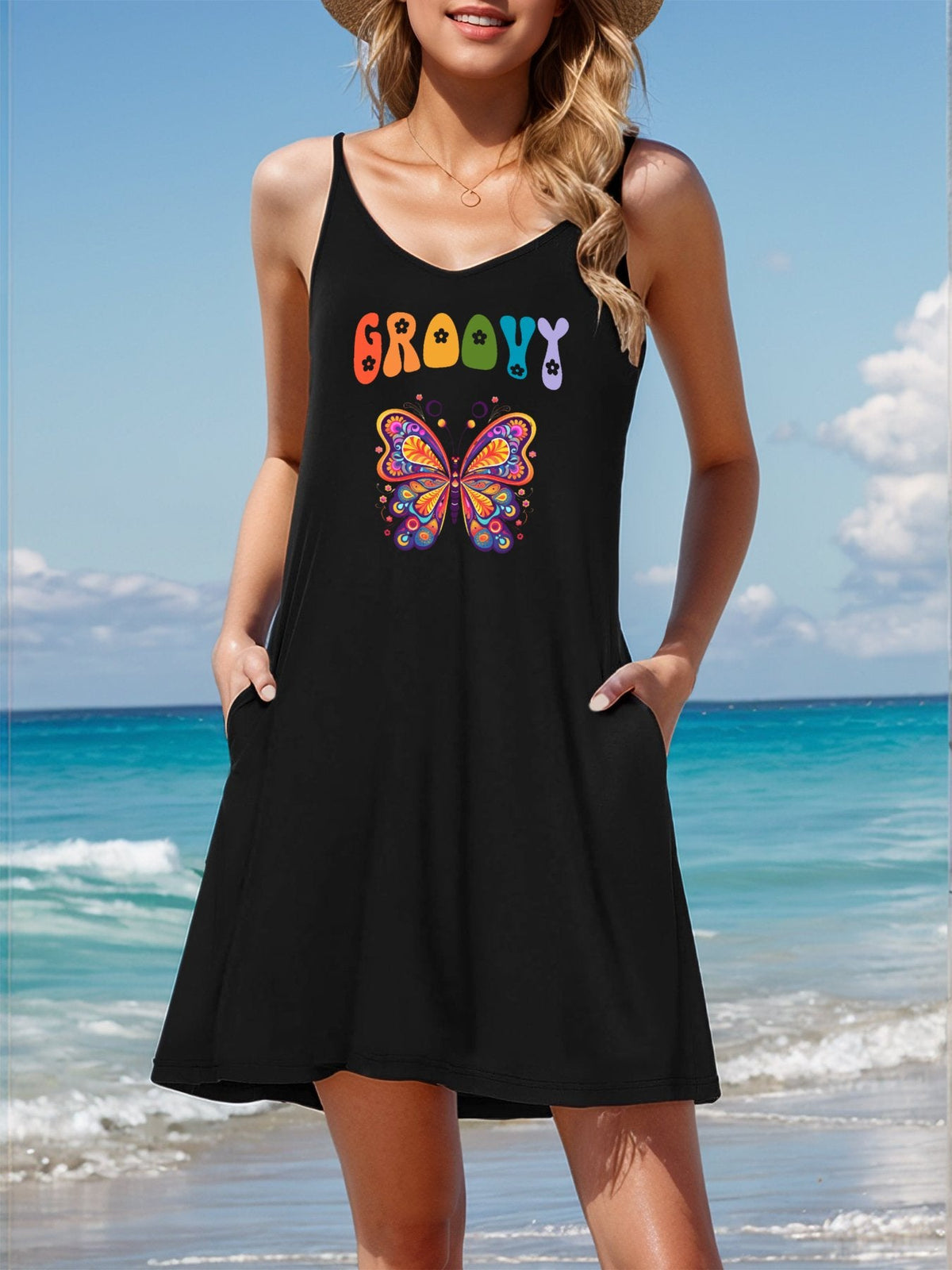 Groovy Butterfly Sleeveless Cami Nightgown for Women (Front Printing)