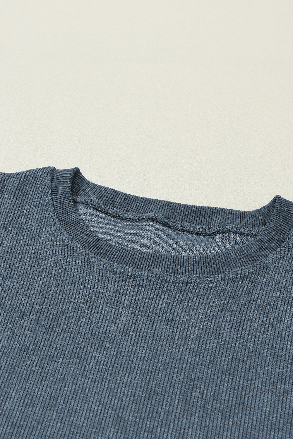 Sudadera Rosa Sólida de Punto Acanalado y Cuello Redondo