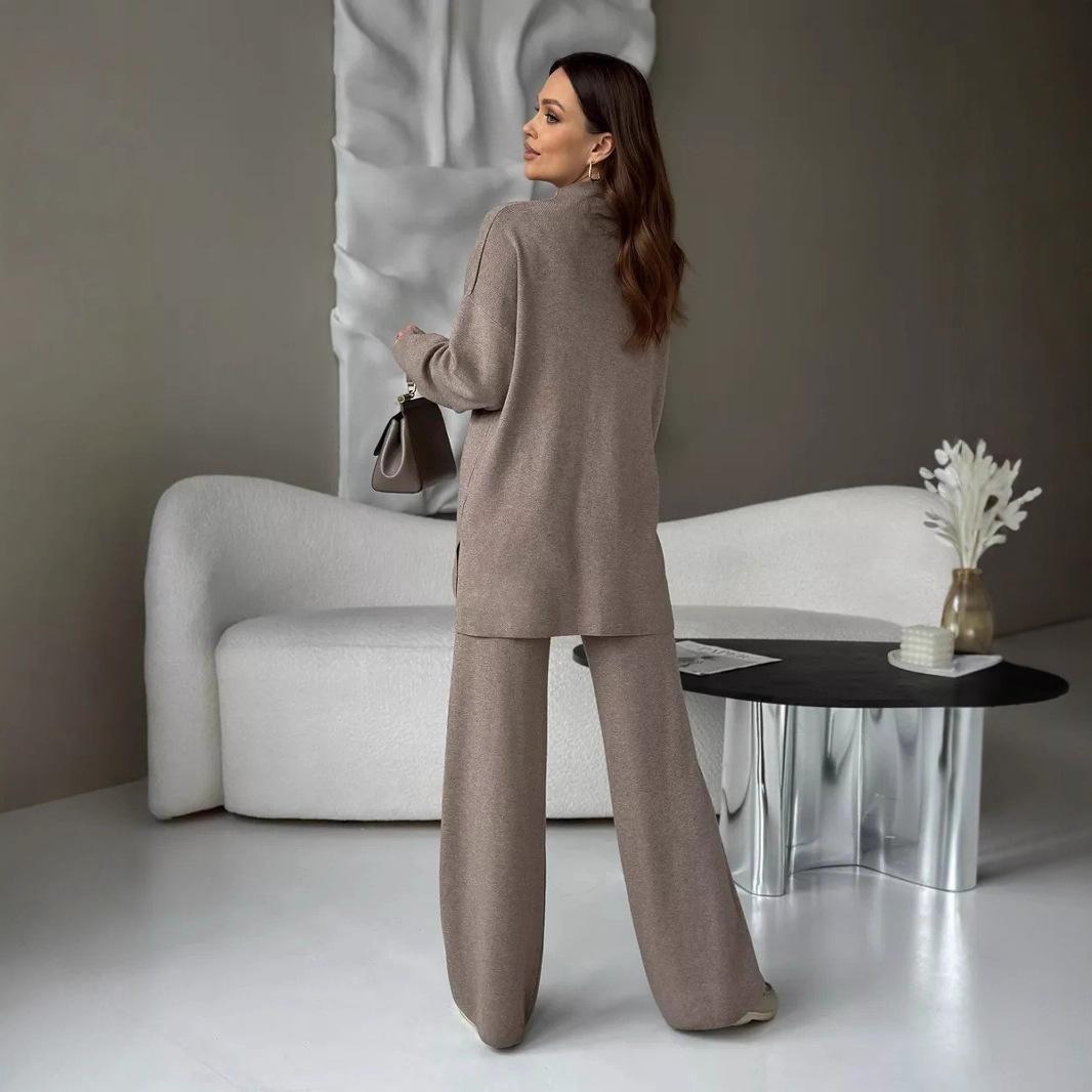 Women's Fine-Knit Mock-Neck Oversized Tunic Top & Wide-Leg Trouser Set