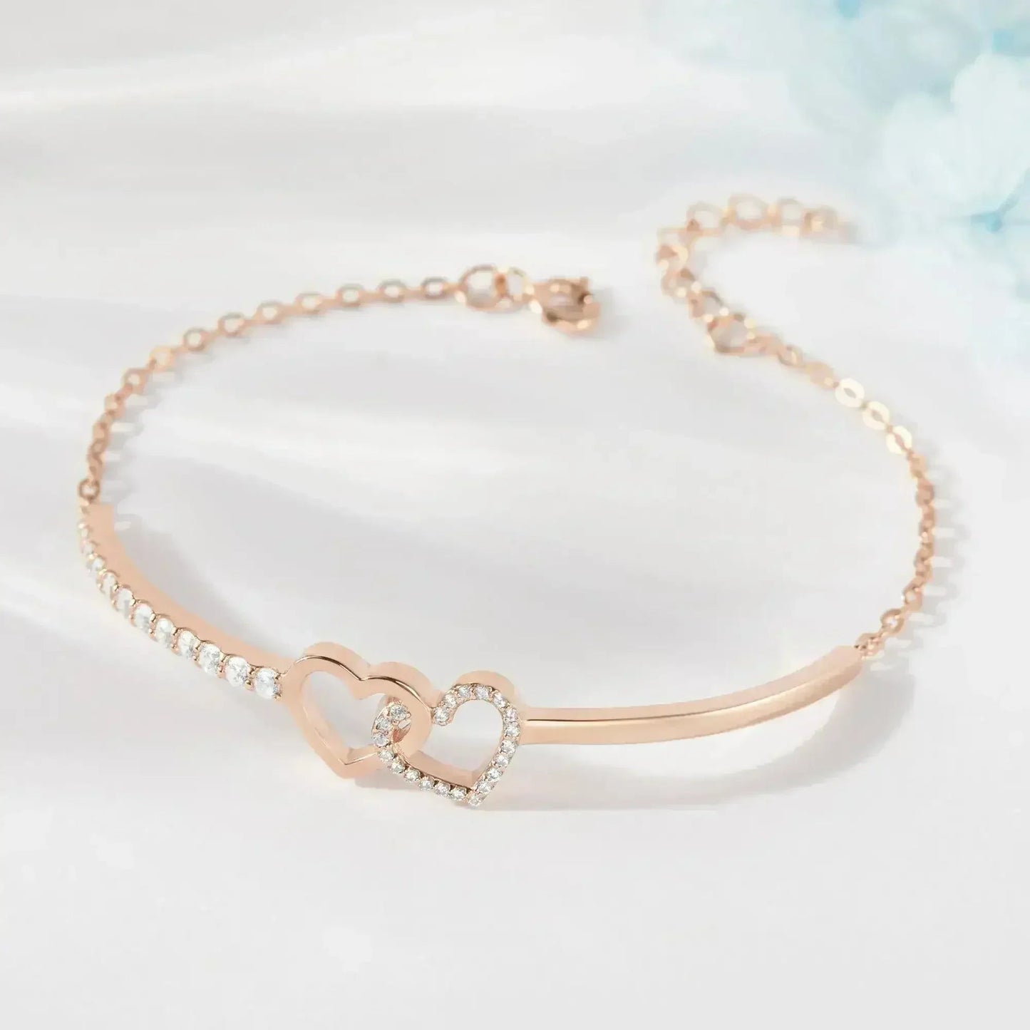 Double Heart Linked Necklace, Silver Heart Pendant Necklace, Stone