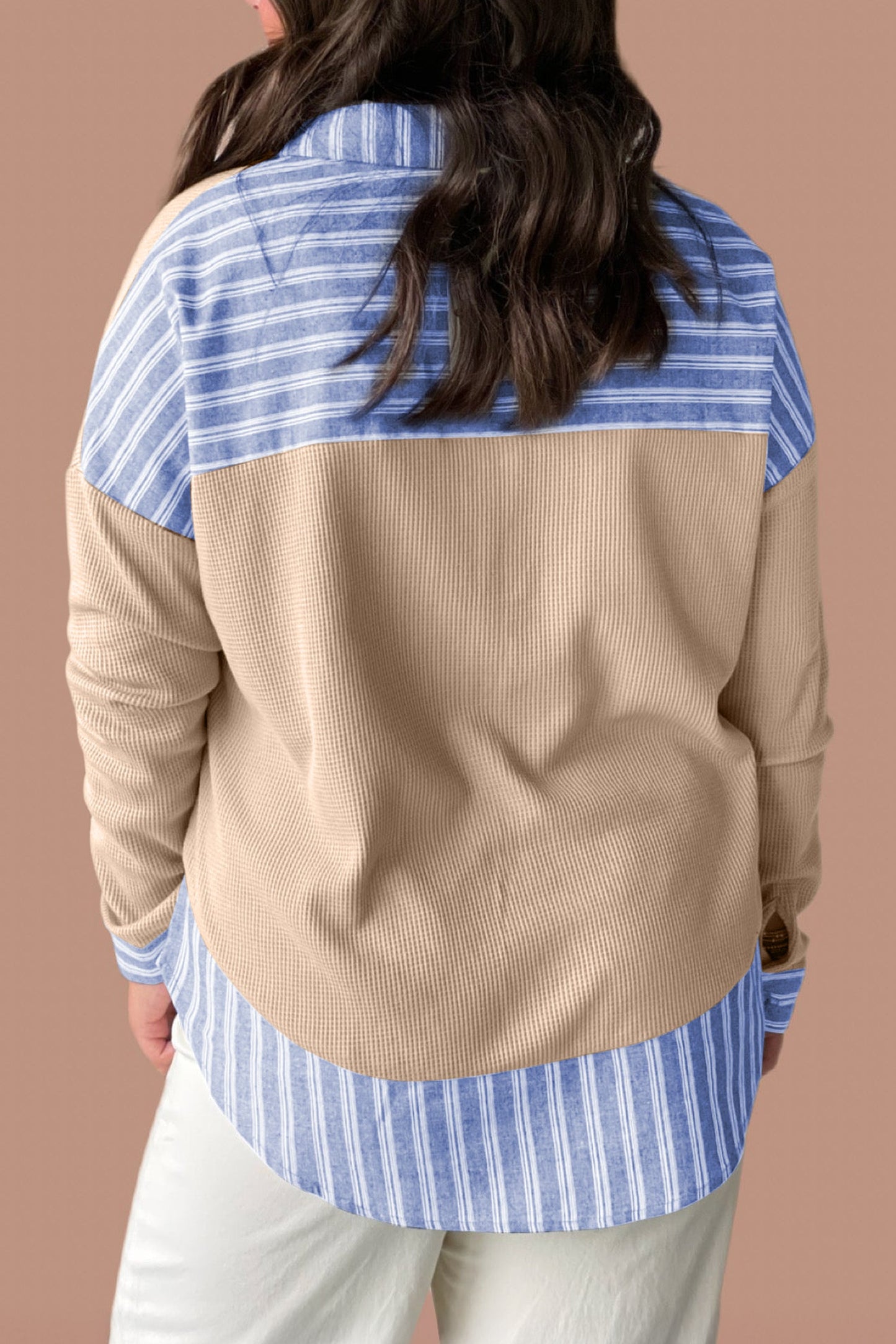 Top de punto waffle con cuello, rayas y ribete en contraste de talla grande Parchment
