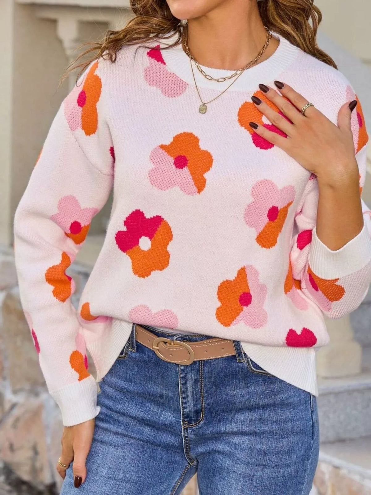 Floral Crew Neck Long Sleeve Sweater