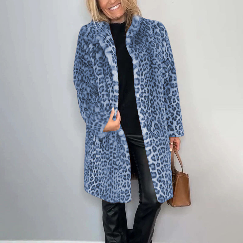 Chaqueta de peluche con estampado de leopardo — Prenda de abrigo cómoda de corte holgado de largo medio