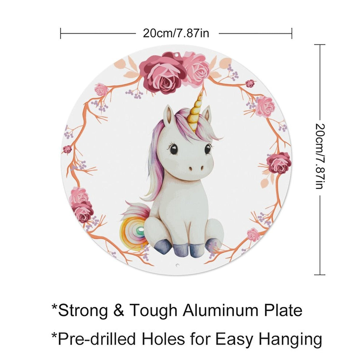 Baby Unicorn with Pink Roses Round Aluminum Plaque Painting