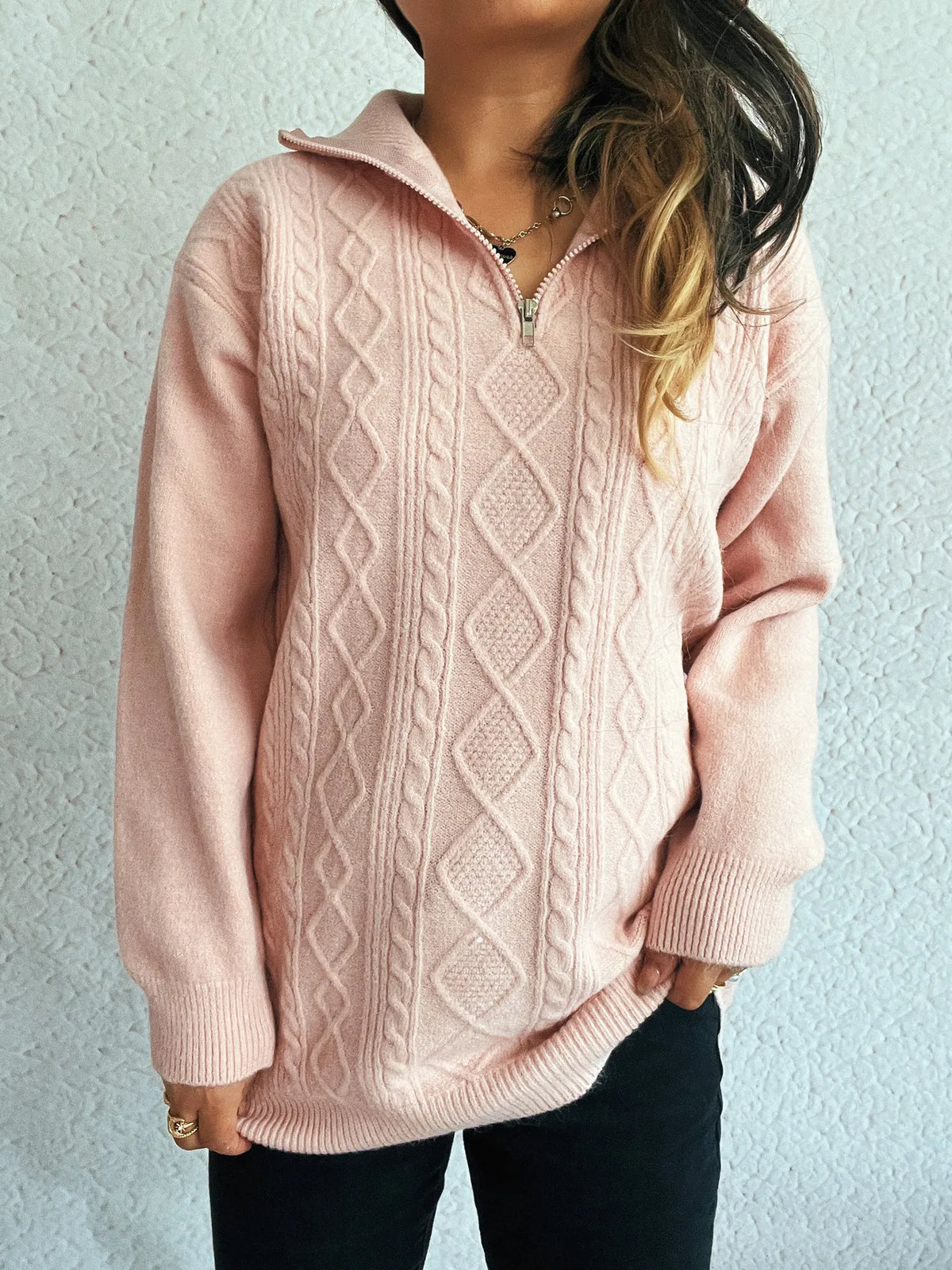 Texture Zip Collar Long Sleeve Sweater