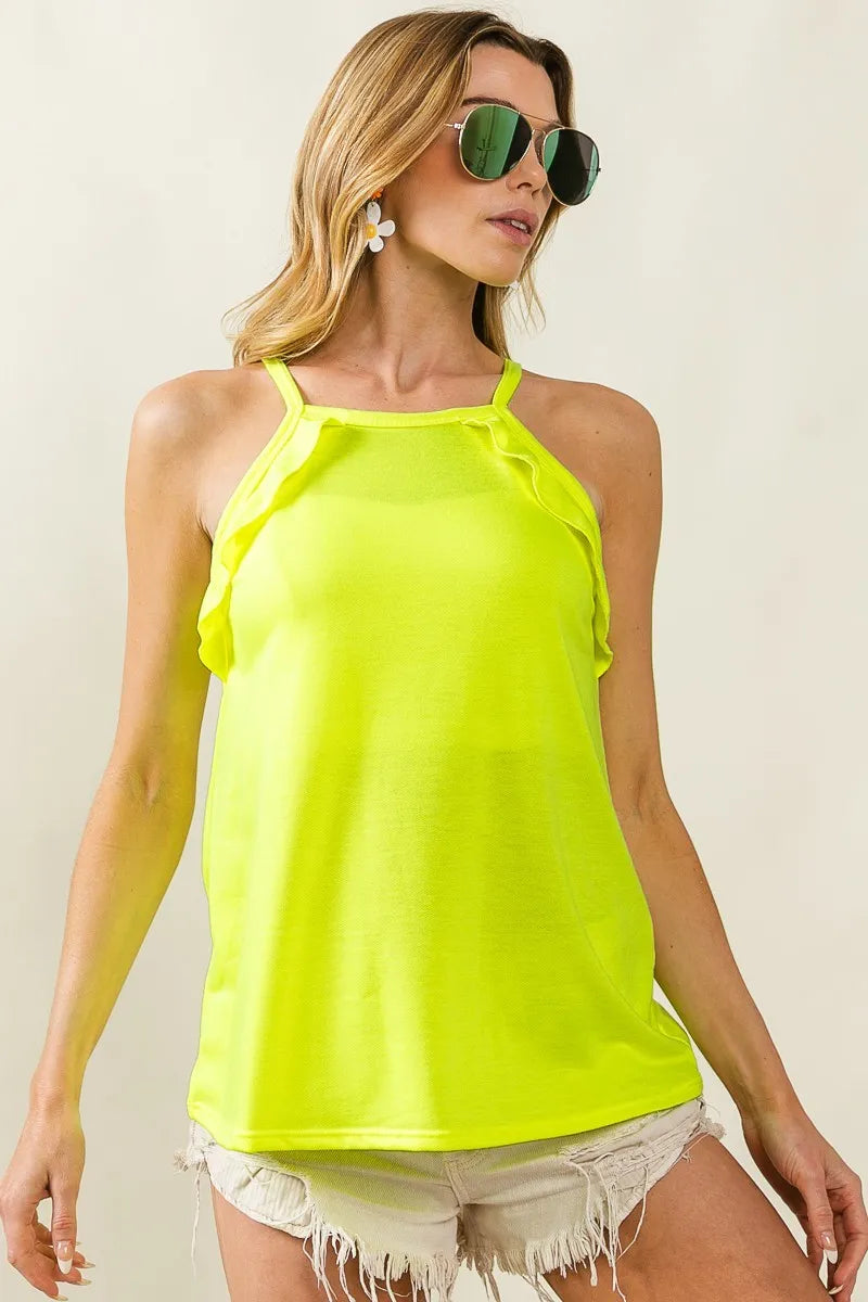 BiBi French Terry Knit Ruffled Detail Sleeveless Top