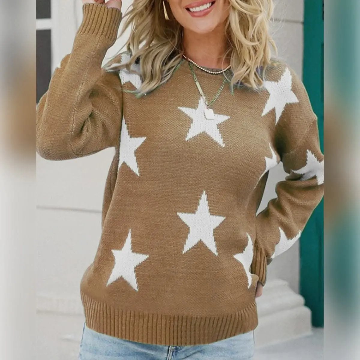 Trendsi Star Print Pullover Sweater — Soft Acrylic Knit