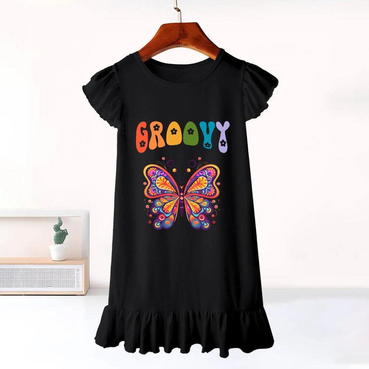 Groovy Butterfly Flutter Sleeve Dress for Girls (Front Printing)