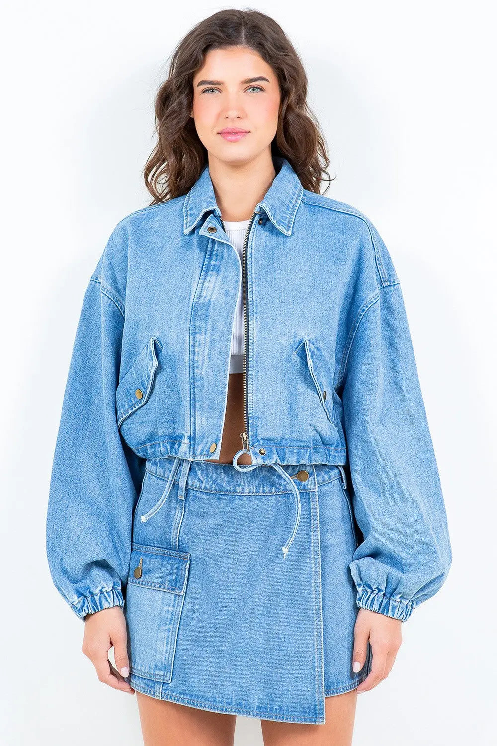 Trendsi Women's Cropped Denim Jacket With Drawstring Waist