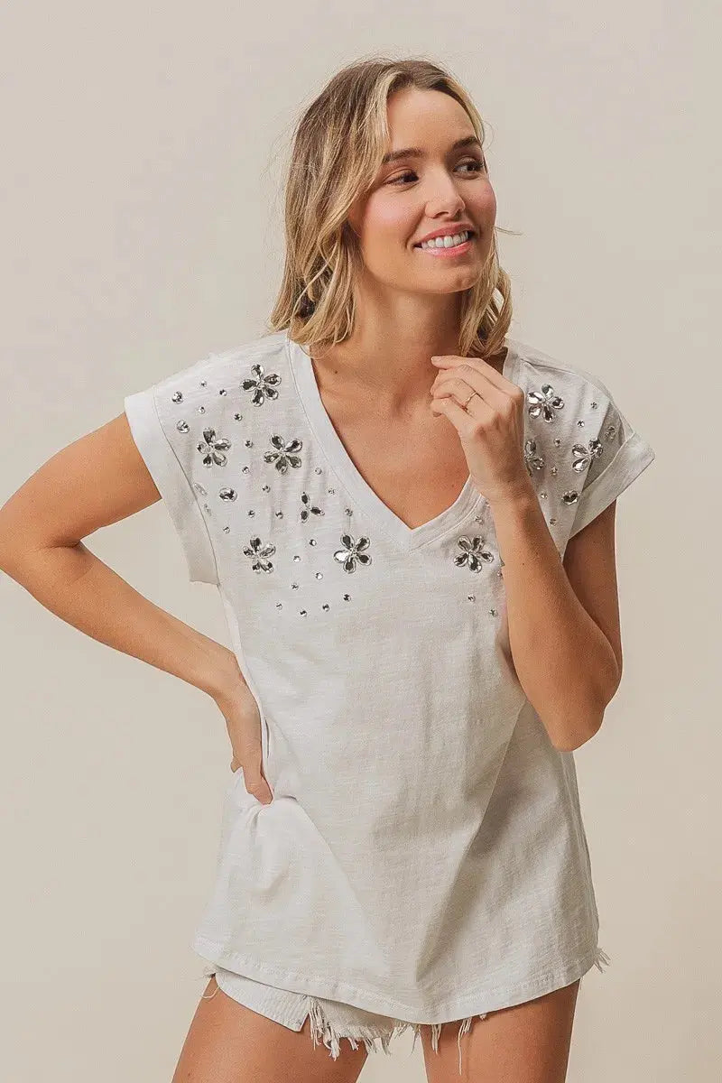 Women's Tops Women's Top - Slub Rhinestone V-Neck - Comfy Fit
