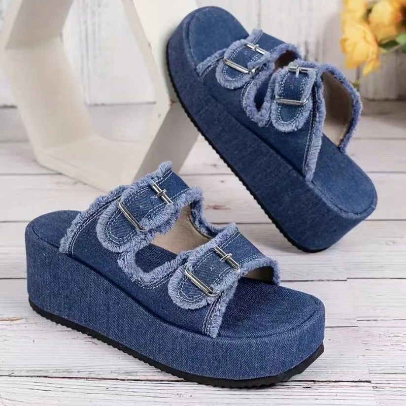Women's Denim Buckle Platform Wedge Sandals