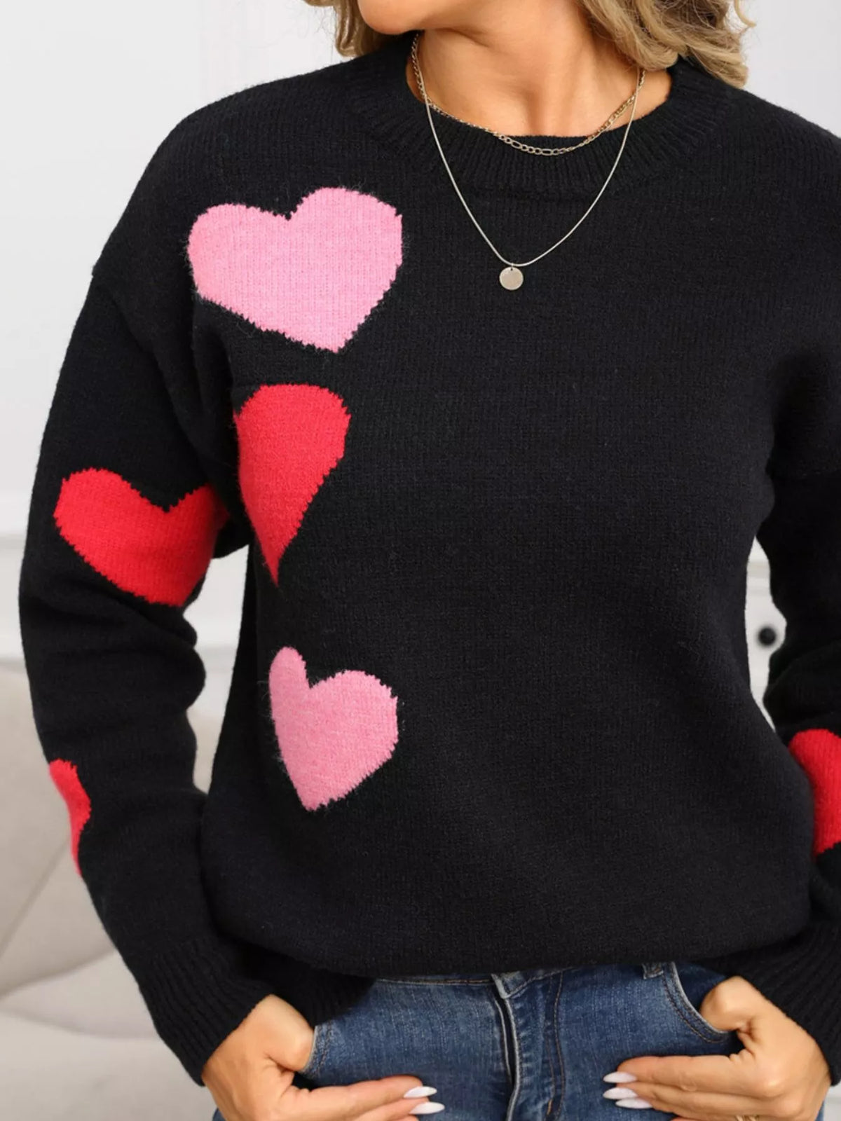 Valentine's Day Heart Pattern Round Neck Sweater