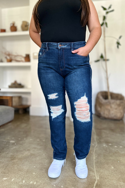 Jeans Rectos de Talle Alto Rígidos con Magia Destruida Pesada, Tallas Grandes, Judy Blue