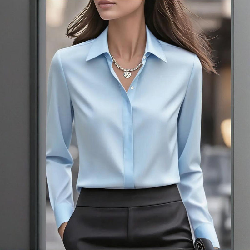 Blusa de satén de corte holgado — Túnica de manga larga con cuello en V para oficina y uso casual