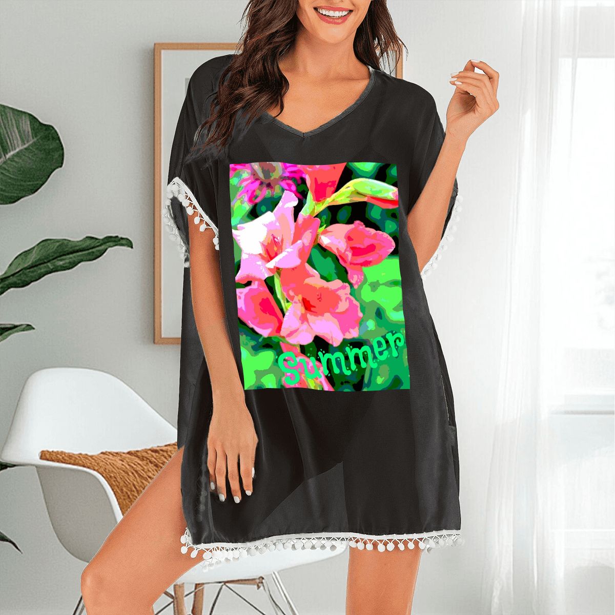 Women's Pink Gladiolas Summer Design Chiffon Beach Coverup (Made in USA)