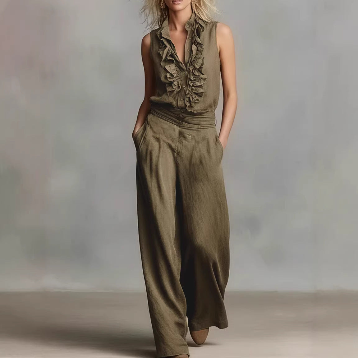 Conjunto de dos piezas de lino para mujer – Camisa sin mangas y pantalones de pernera ancha