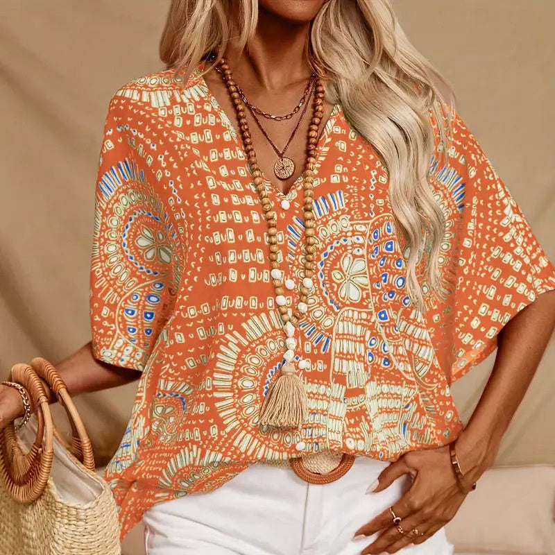 Blusa con cuello en V y estampado de mandala – Top casual de vacaciones