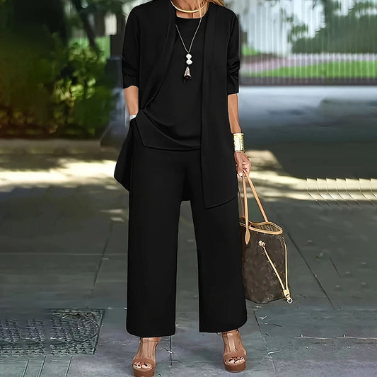 Conjunto informal de 3 piezas de talla grande para mujer, cárdigan abierto, chaleco sin mangas, pantalones, conjunto de salón de color liso