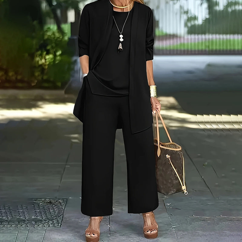 Conjunto informal de 3 piezas de talla grande para mujer, cárdigan abierto, chaleco sin mangas, pantalones, conjunto de salón de color liso