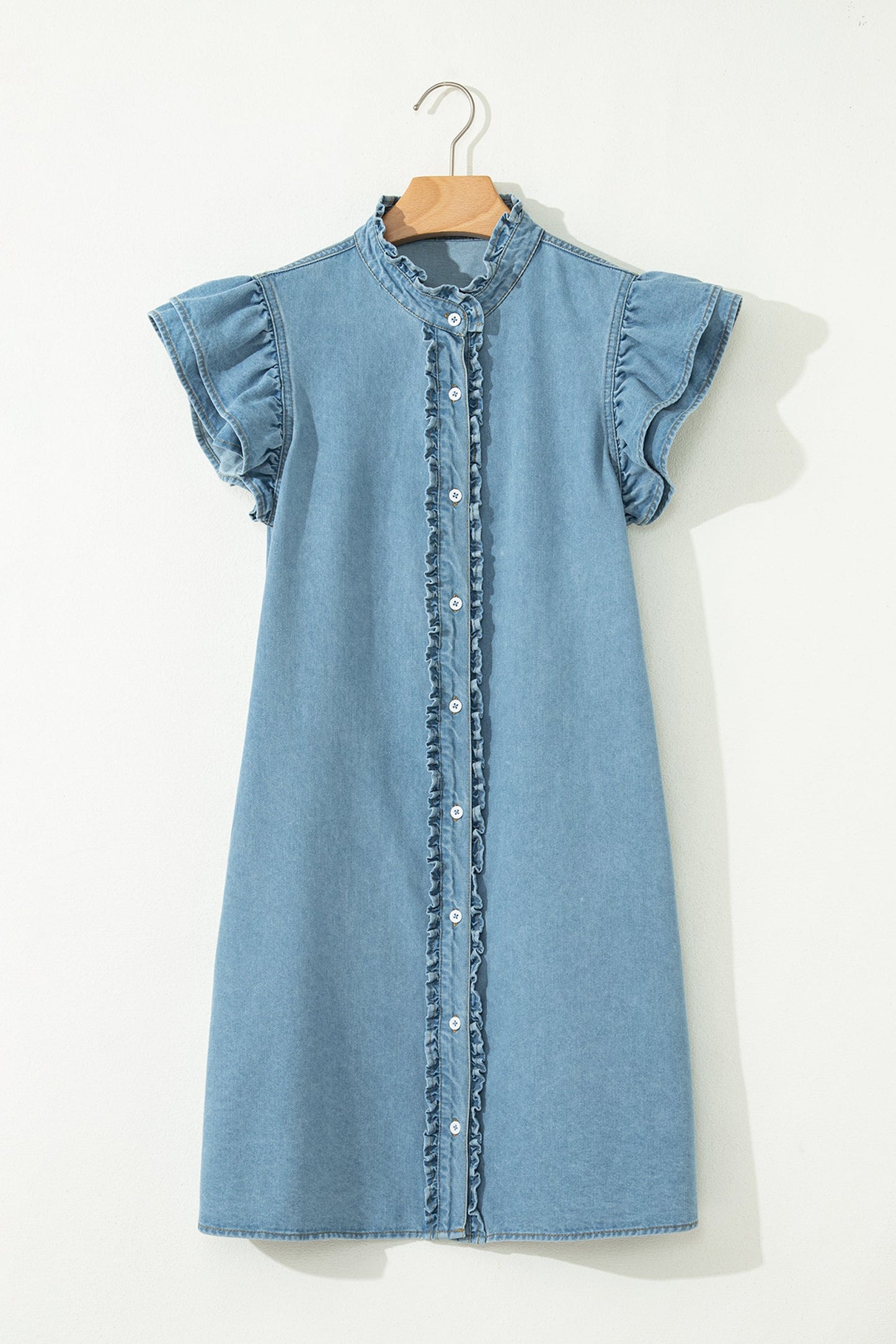 Minivestido vaquero Myosotis de manga corta con volantes y botones y detalle fruncido