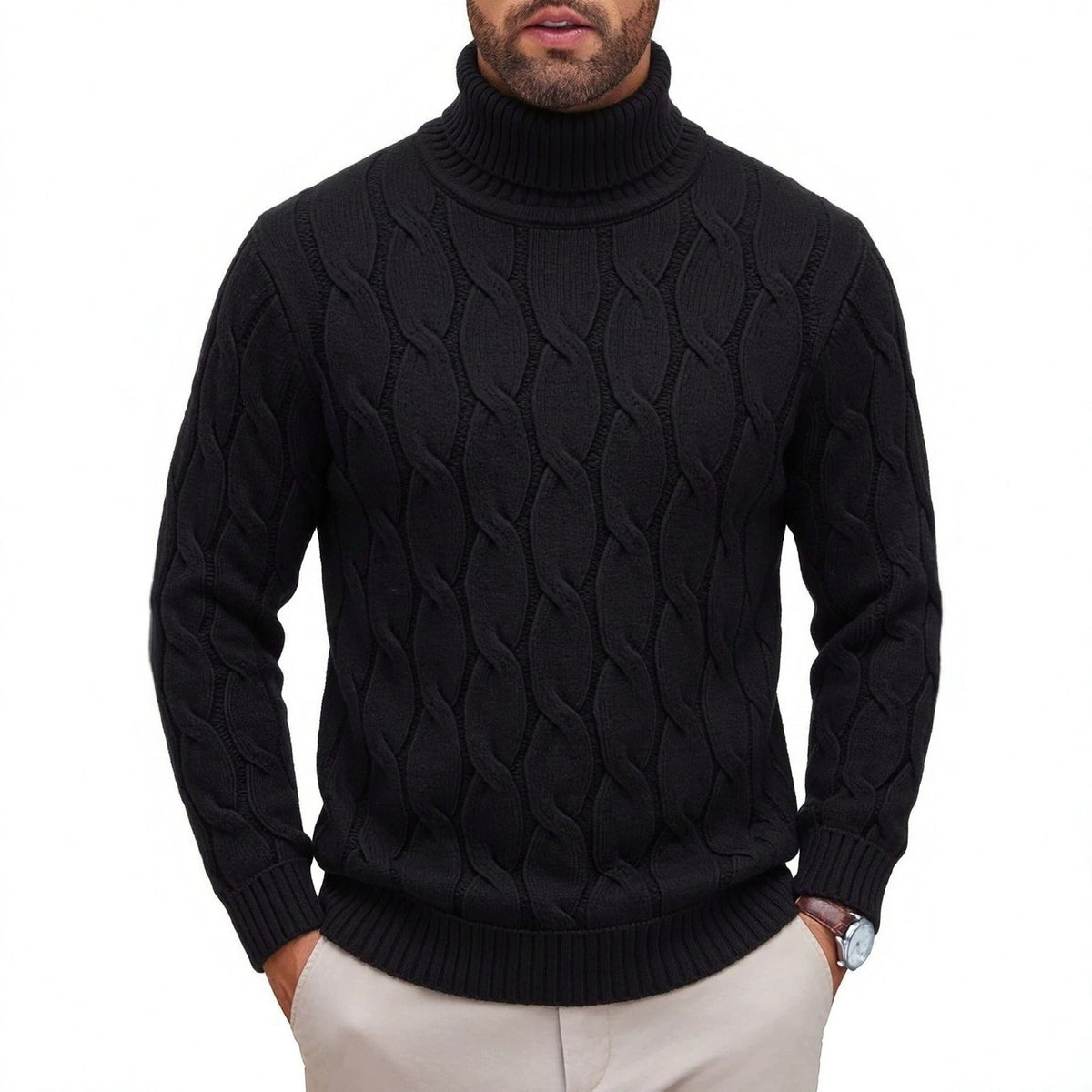 Men's Fashionable Turtleneck Sweater With Knotted Floral Design Loose Fit