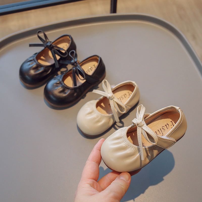 Children Black Korean Style Bow Leather Shoes