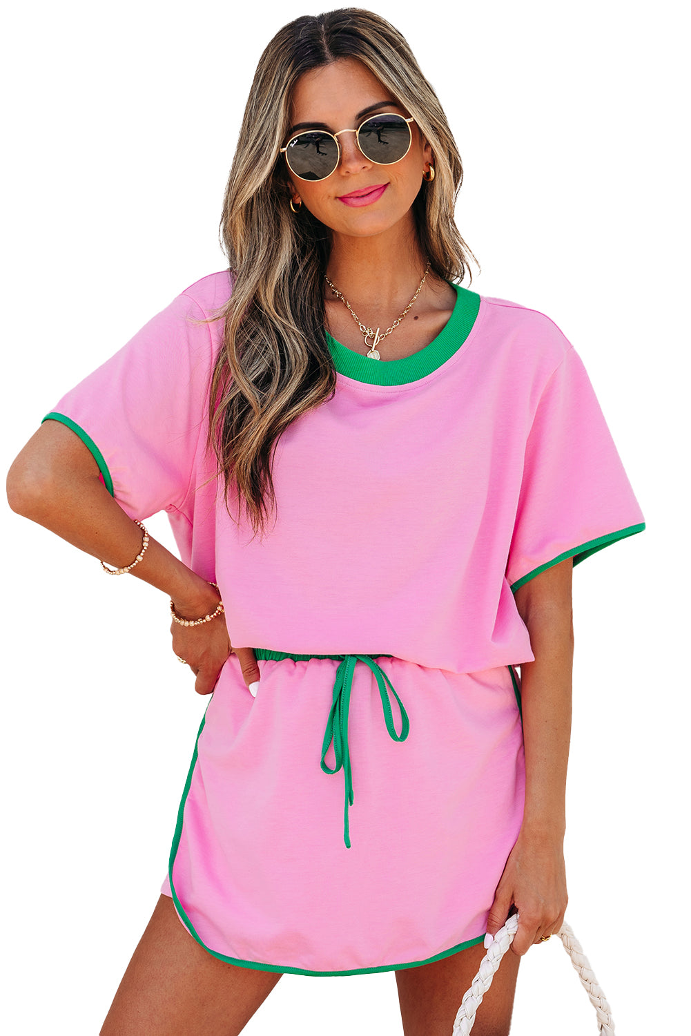 Conjunto de 2 piezas de camiseta y falda pantalón con hombro caído y bloques de color Bonbon