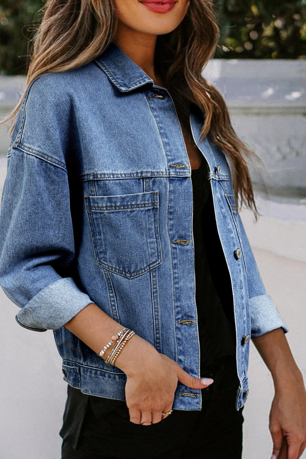 Chaqueta vaquera oversize con bolsillo, lavada a la piedra, a rayas azules