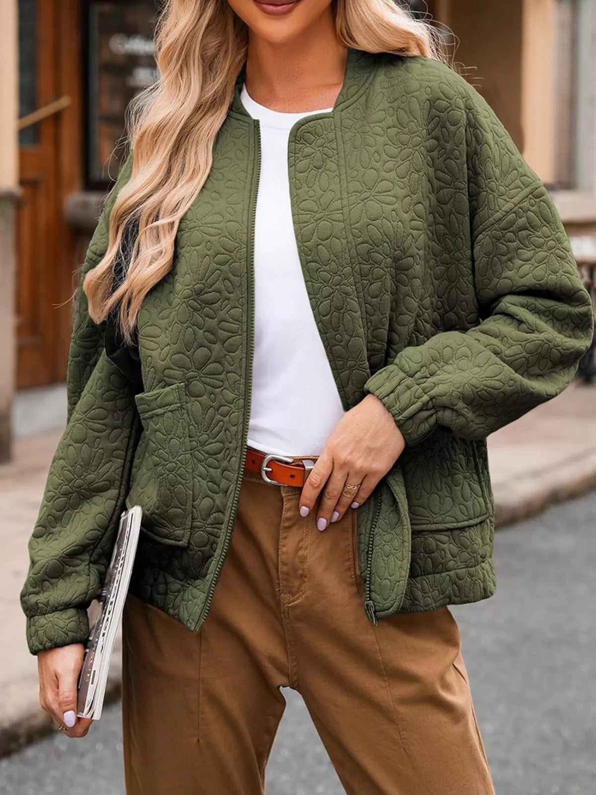 Full Size Floral Quilted Zip Up Jacket Plus Size