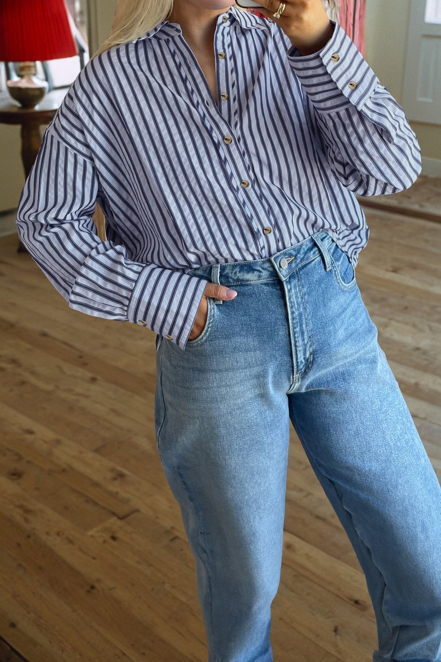 Camisa Holgada de Manga Larga con Botones y Rayas Azules