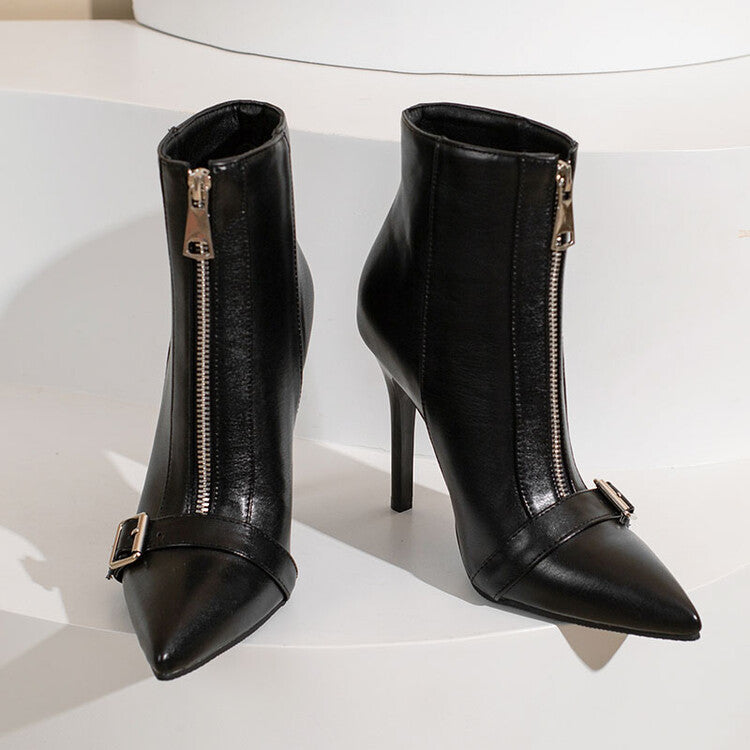Women's Belt Buckle Front Zipper High-Heel Boots
