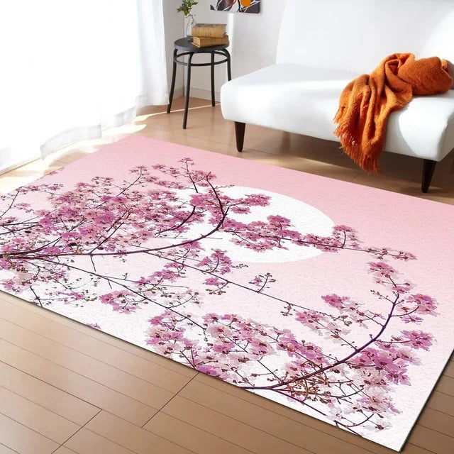 Pastel Cherry Blossom And Crescent Moon Non-Slip Flannel Floor Mat Home Rug Decoration