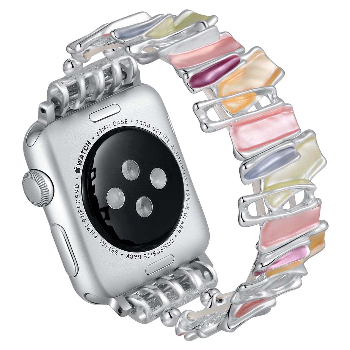 Women Stretchy Bracelet Band Compatible with Apple Watch Band 38/40/41/42/44/45/49mm Cute Fashion Pretty Colorful Geometric Irregular Pattern Design Strap for iWatch Series 9/8/SE/Ultra/7/6/5/4/3/2/1 (41/40/38mm M fit 5.7-6.3 (145-160mm) Silver Colorful)