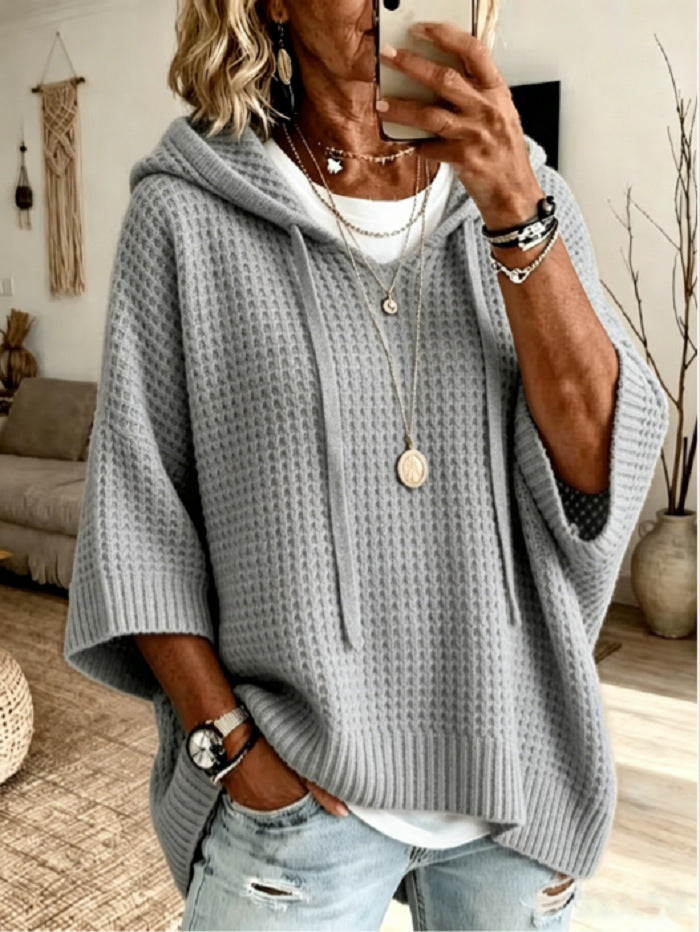 Womens Solid-color Casual Loose-fitting Hooded Sweater