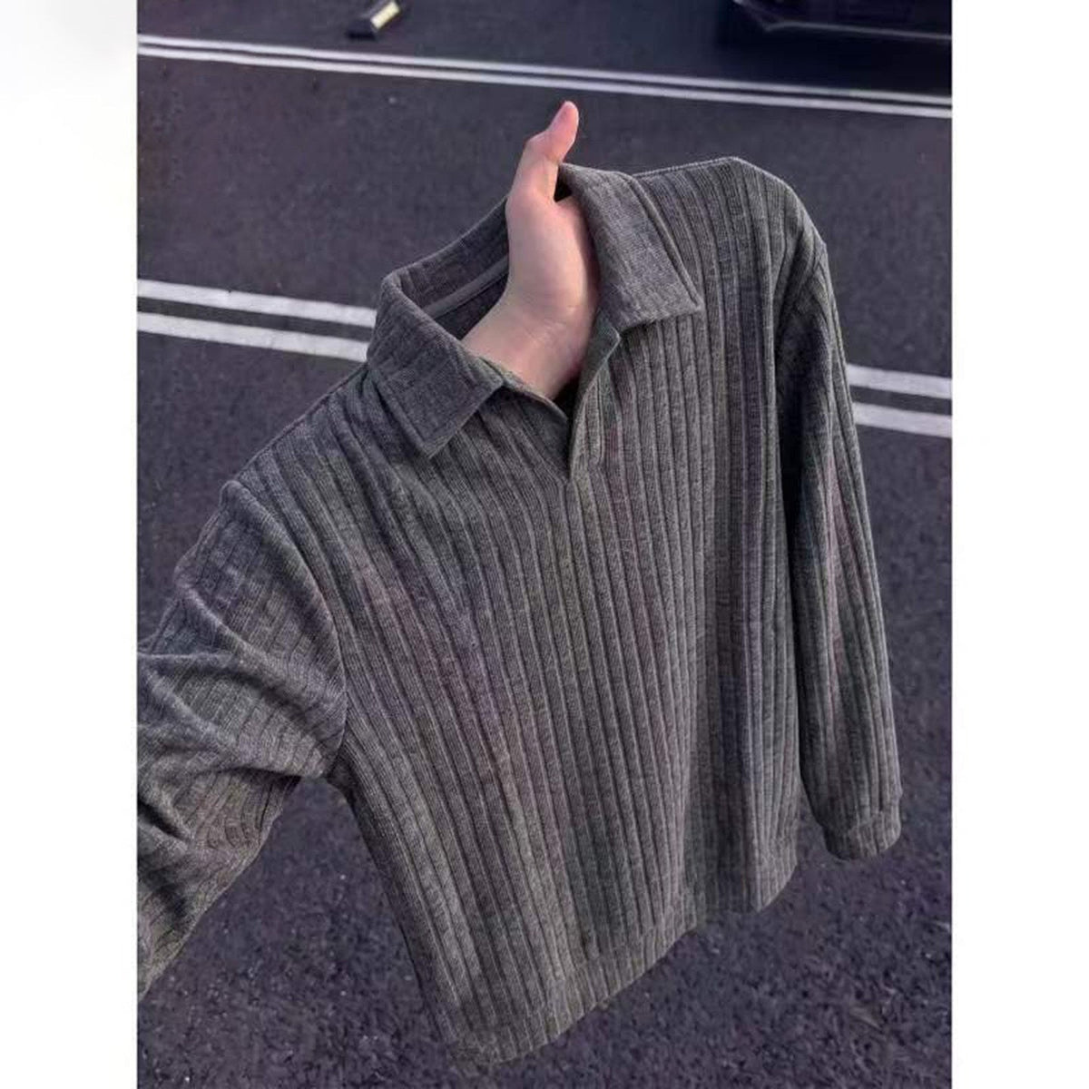 Old-money-style Vertical-striped Knit Mens American-style Long-sleeve Sweatshirt