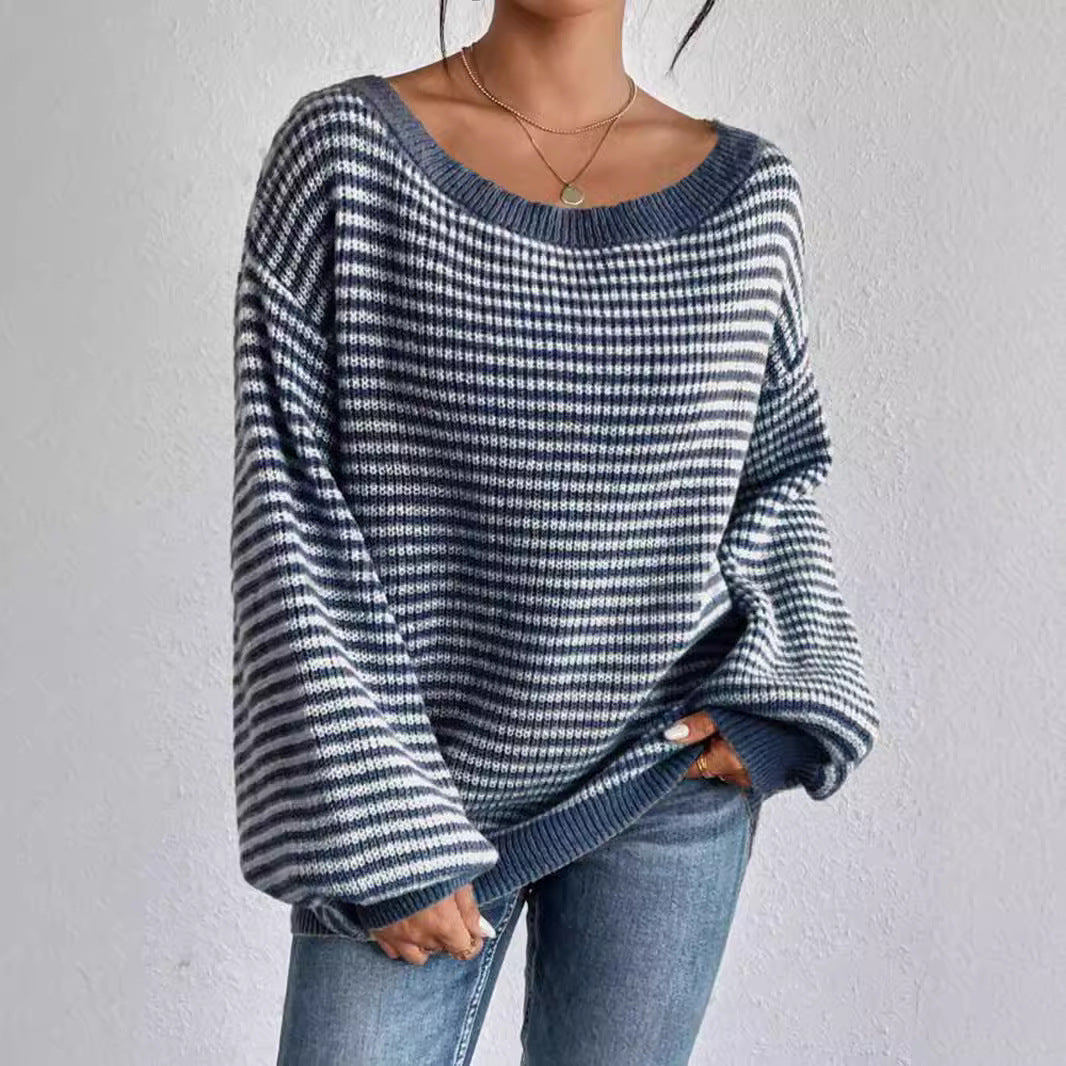 Off-The-Shoulder Knit Sweater With Loose Fit, Color-Blocked Stripes, Lantern Sleeves, Women's European And American Style Red Sweater, Autumn And Winter, High-End Feel