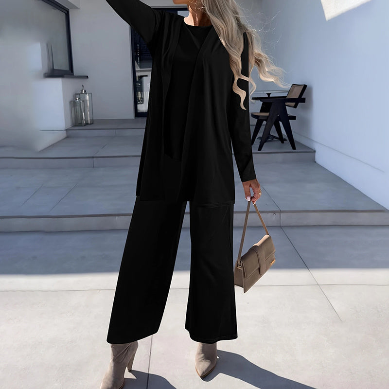 Conjunto informal de 3 piezas de talla grande para mujer, cárdigan abierto, chaleco sin mangas, pantalones, conjunto de salón de color liso