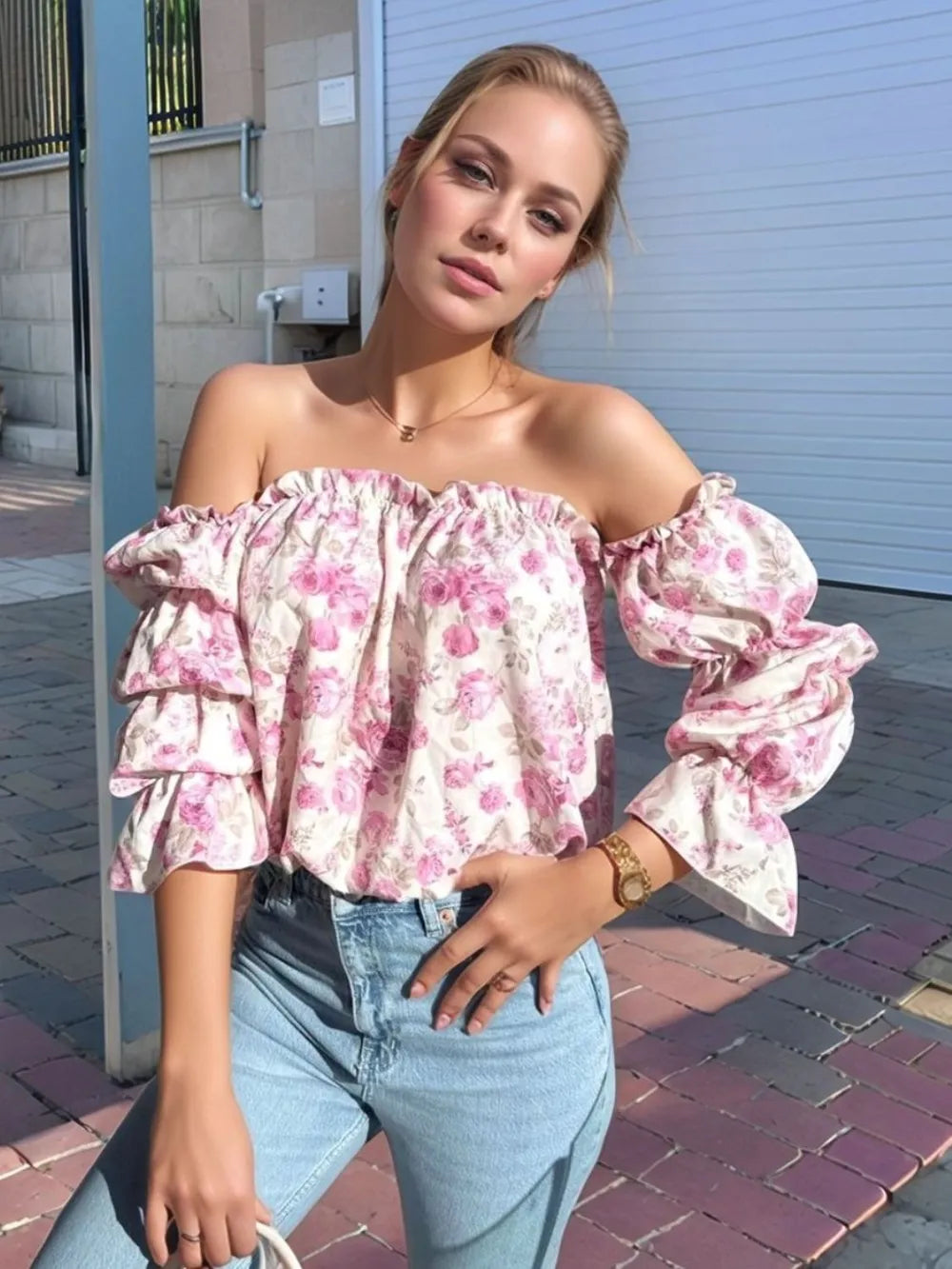Printed Off-Shoulder Flounce Sleeve Blouse
