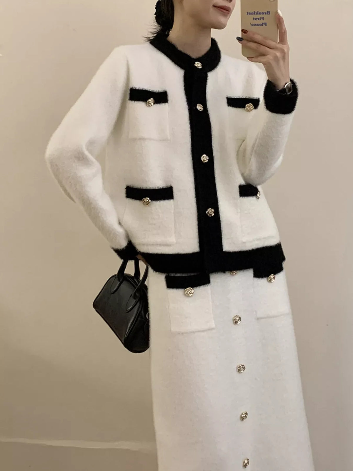 Contrast Trim Jacket and Skirts Sweater Set