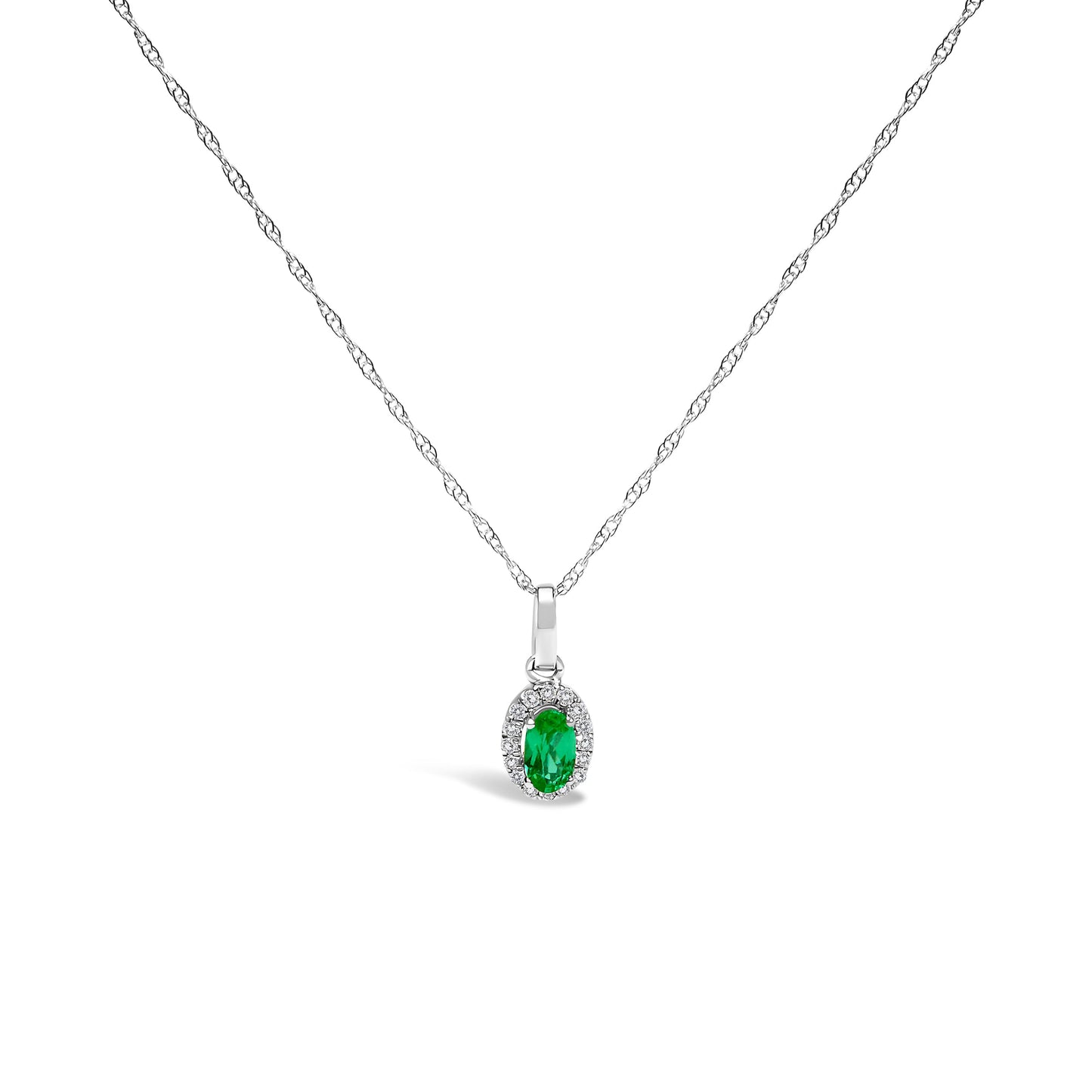 10K White Gold 5x3mm Green Emerald and Diamond Accent Halo Oval Shape 18" Pendant Necklace (I-J Color, I1-I2 Clarity)