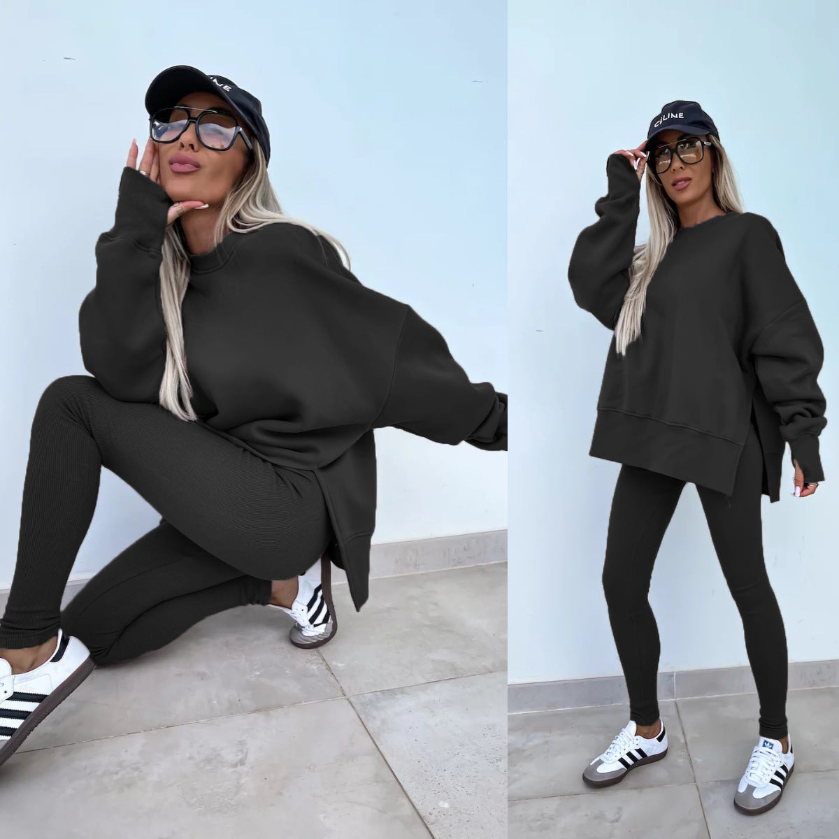 Traje de suéter informal para mujer – Conjunto de top suelto con aberturas y pantalones ajustados