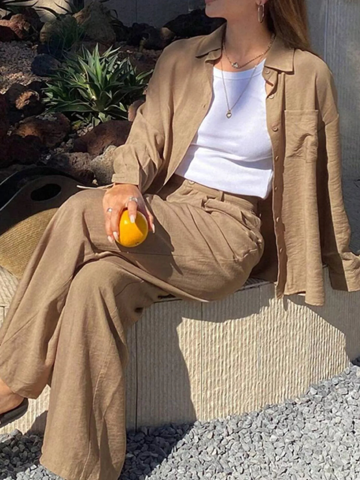 Full Size Relaxed Fit Button Up Shirt and Pants Two-Piece Set Plus Size