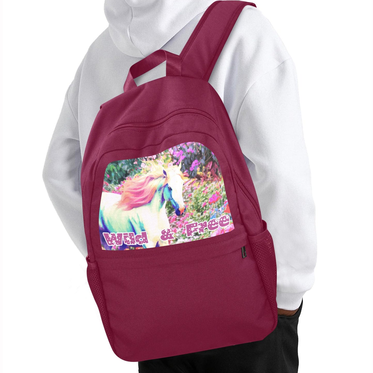 Wild & Free White Horse Magenta Backpack | Upper Part Printing