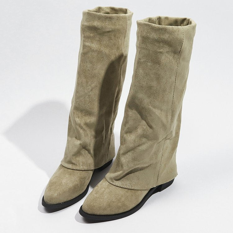 Women's Suede Pointed-Toe Chunky Sole Boots