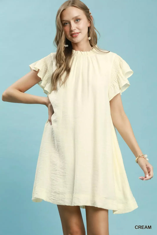 Umgee Ruffle Flutter Sleeve Dress in Cream