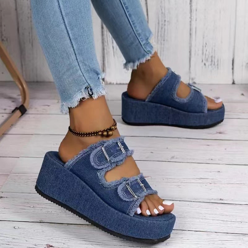 Women's Denim Buckle Platform Wedge Sandals