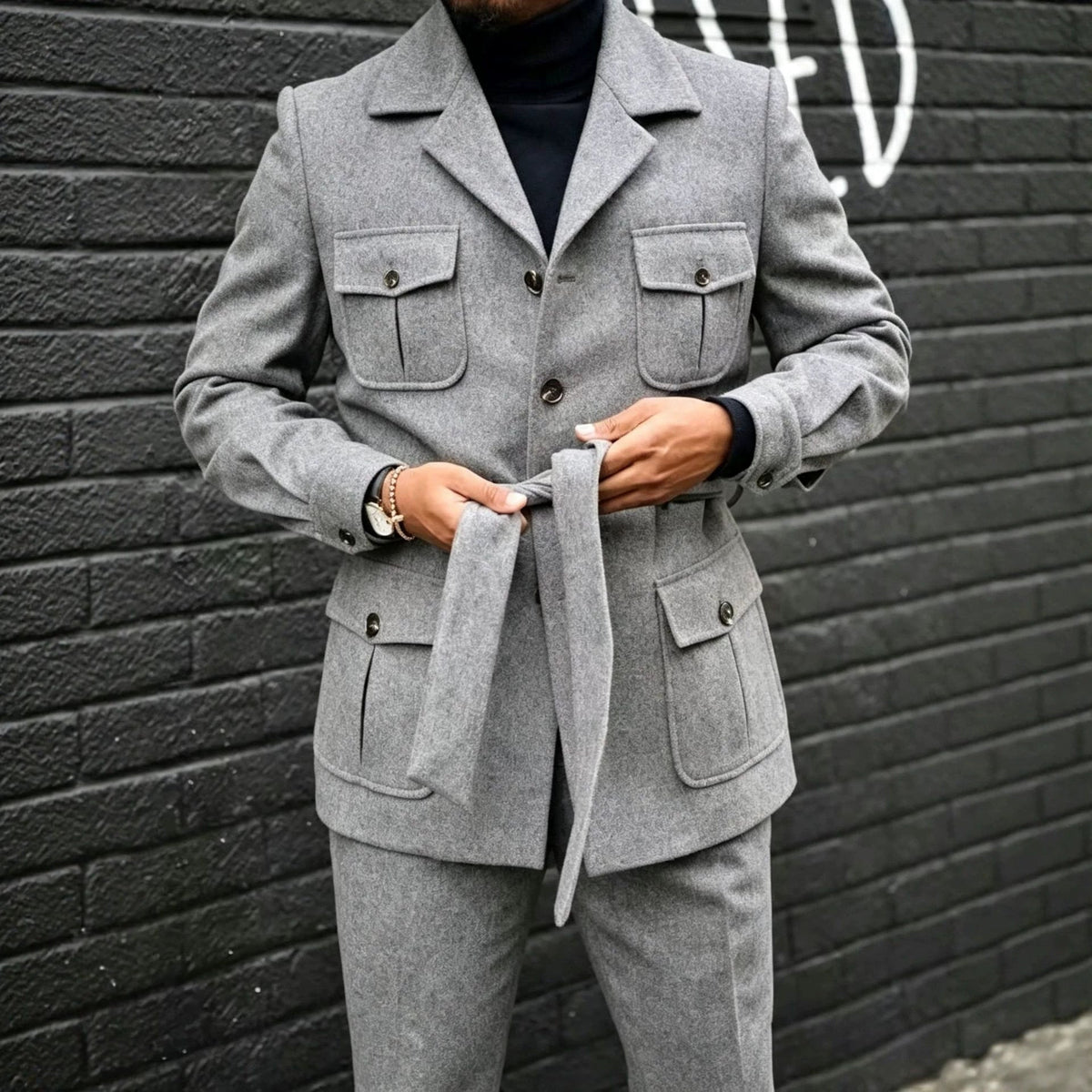 Mens Lapel Single-breasted Waist-cinched Coat With Multiple Pockets