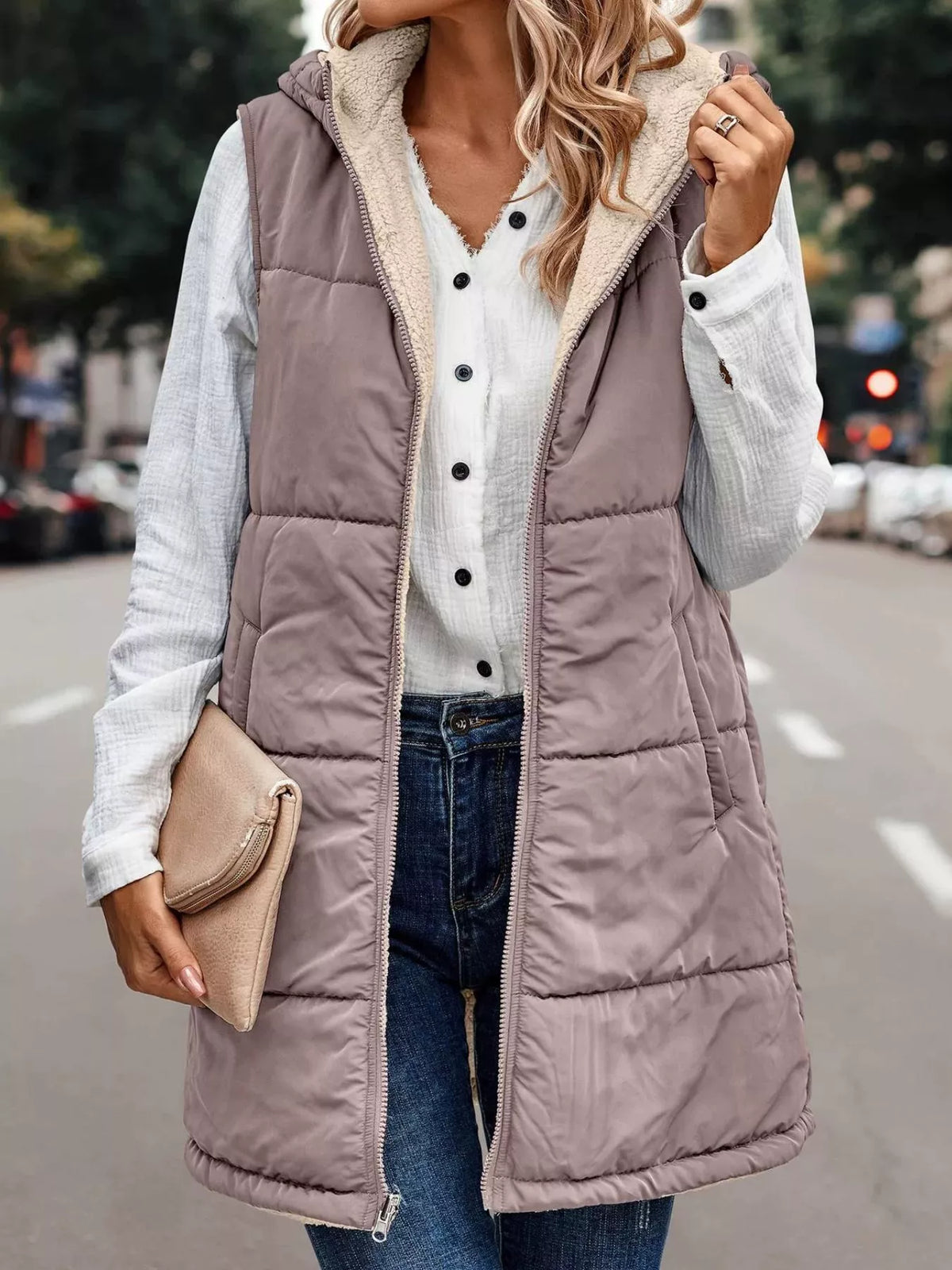 Full Size Hooded Sherpa-Lined Puffer Vest Coat Plus Size