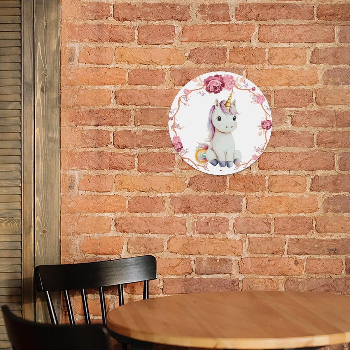 Baby Unicorn with Pink Roses Round Aluminum Plaque Painting